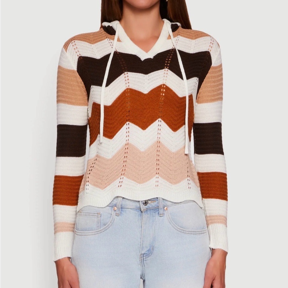 FCT WITH LOVE V-Neck Chevron Pointelle Knit Hooded Sweater- Ivory Multi Sweater